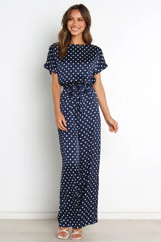 Women Elegant Short Sleeve Polka Dot Regular Jumpsuits
