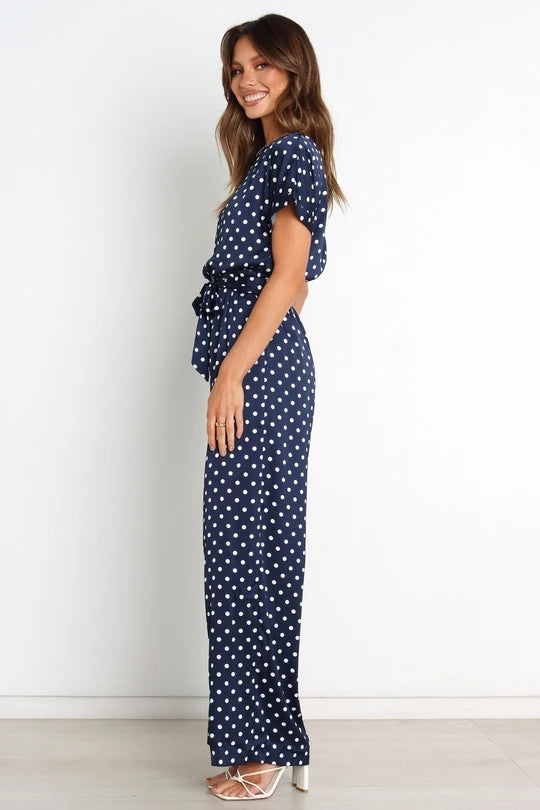 Women Elegant Short Sleeve Polka Dot Regular Jumpsuits