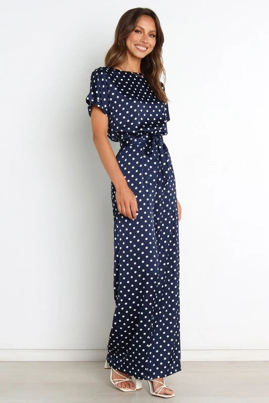 Women Elegant Short Sleeve Polka Dot Regular Jumpsuits