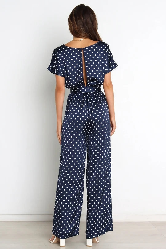 Women Elegant Short Sleeve Polka Dot Regular Jumpsuits
