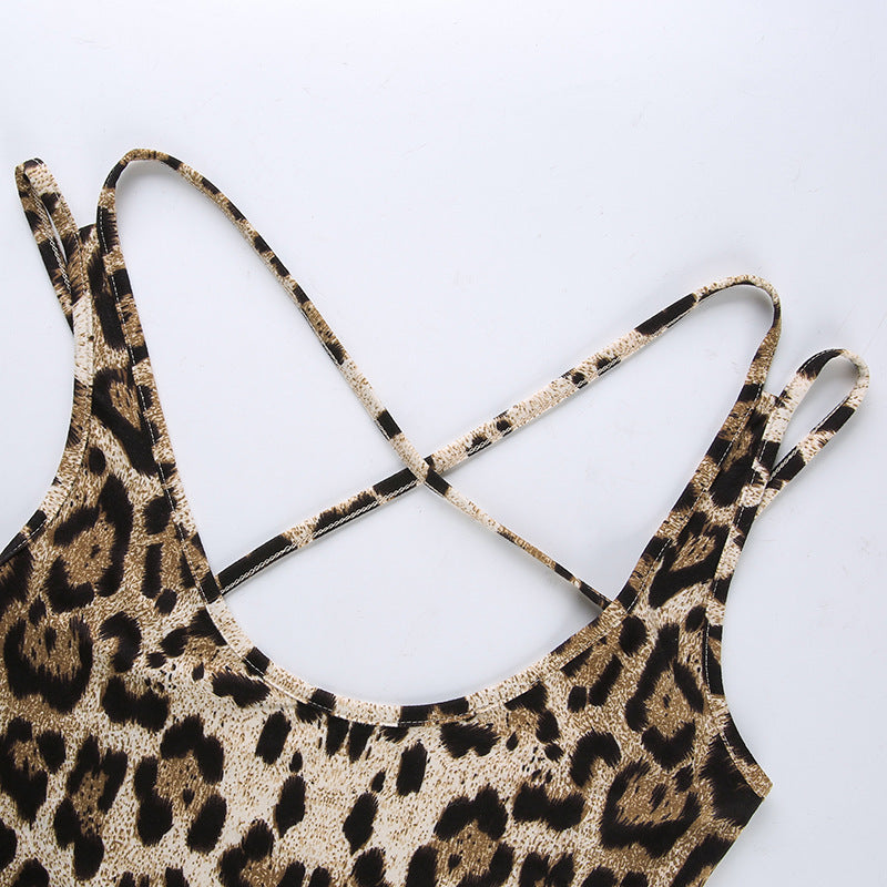 Back Hollow Out Cutout Sexy Leopard Print Sleeveless Bodysuit