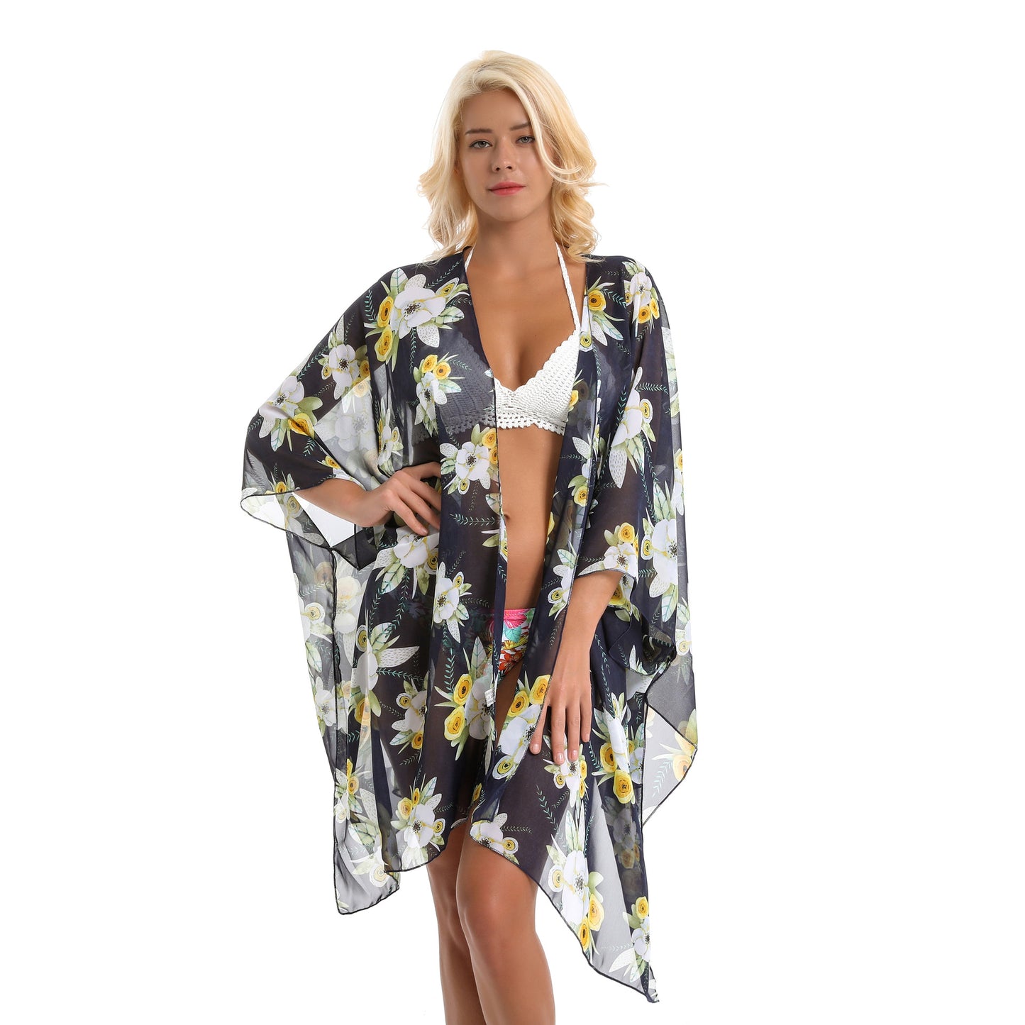 Elegant Lily Pattern Chiffon Beach Sun Protection Beach Cover Up Cardigan