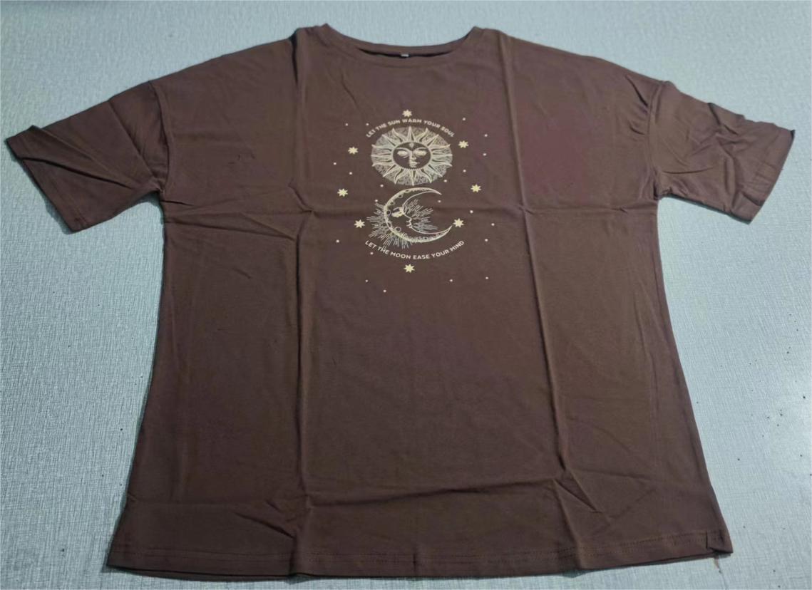 Casual Brown T Shirt Simple O Neck Short Sleeve Women Top Loose Printed Top