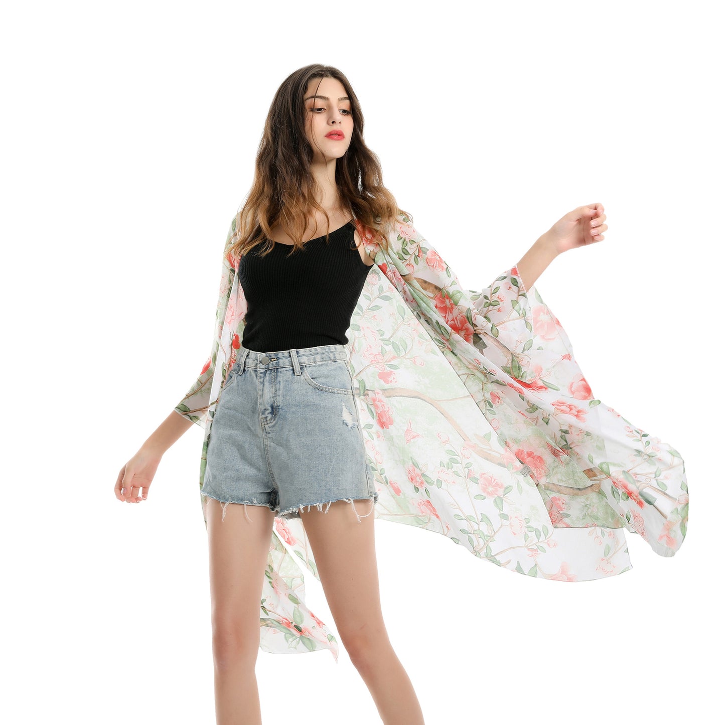 Pastoral Floral Cluster Green Leaf Vacation Travel Chiffon Beach Cover Up Coat