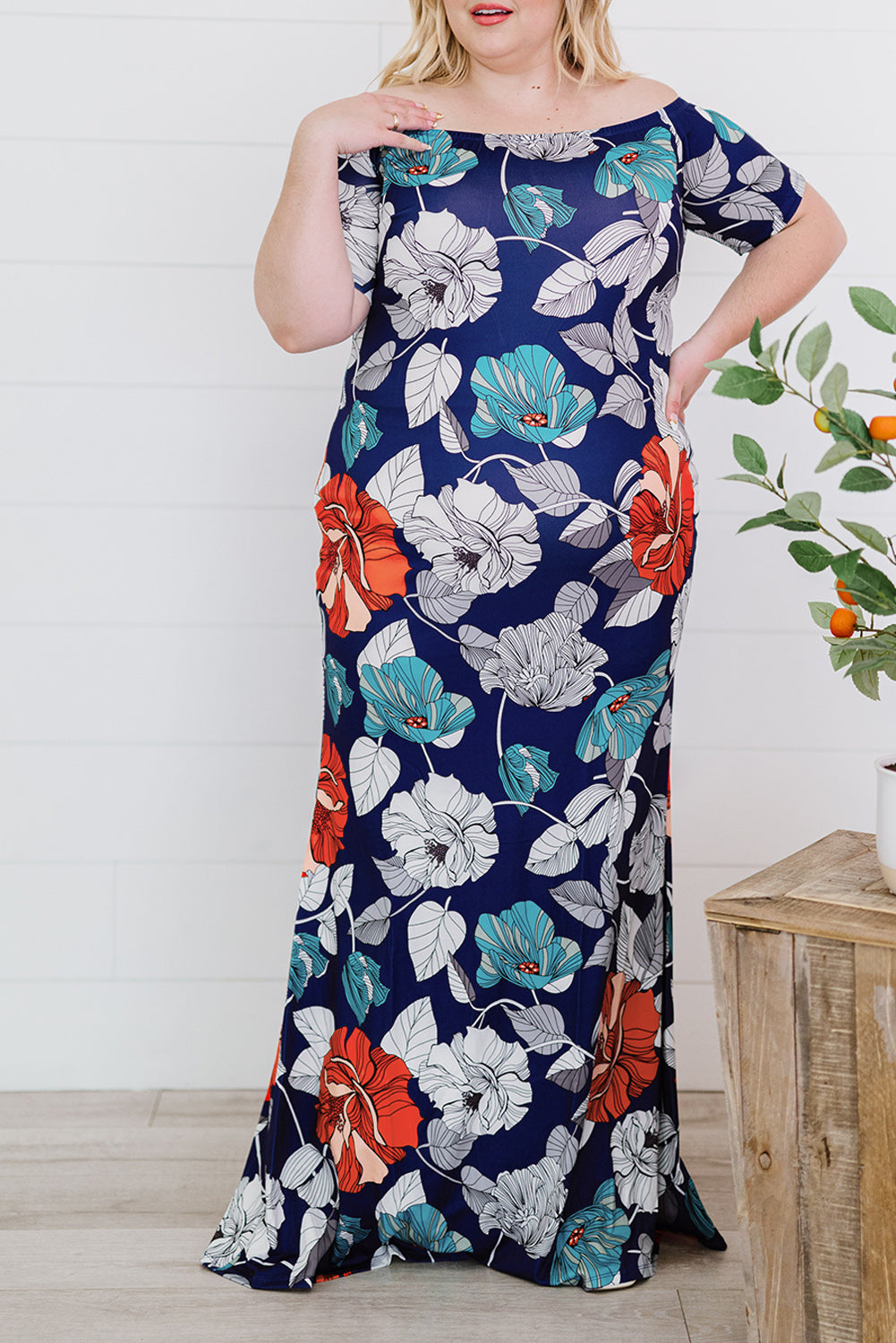 Blue Green Off the shoulder Floral Print Plus size Maxi Dress