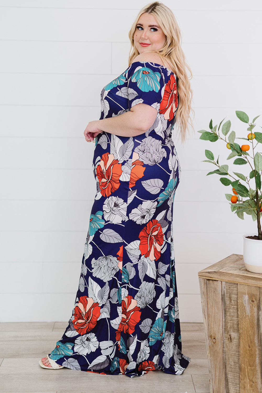 Blue Green Off the shoulder Floral Print Plus size Maxi Dress