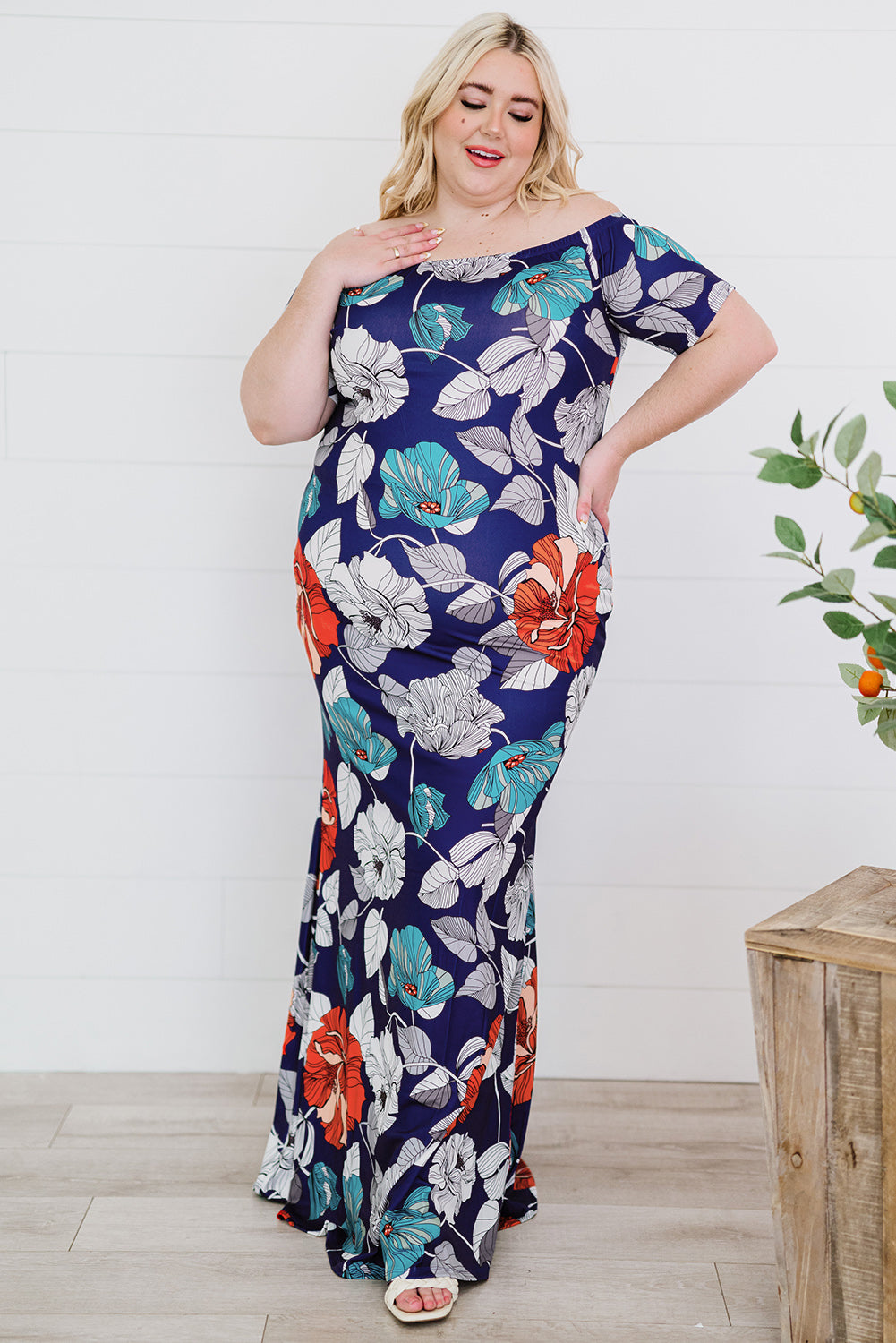Blue Green Off the shoulder Floral Print Plus size Maxi Dress