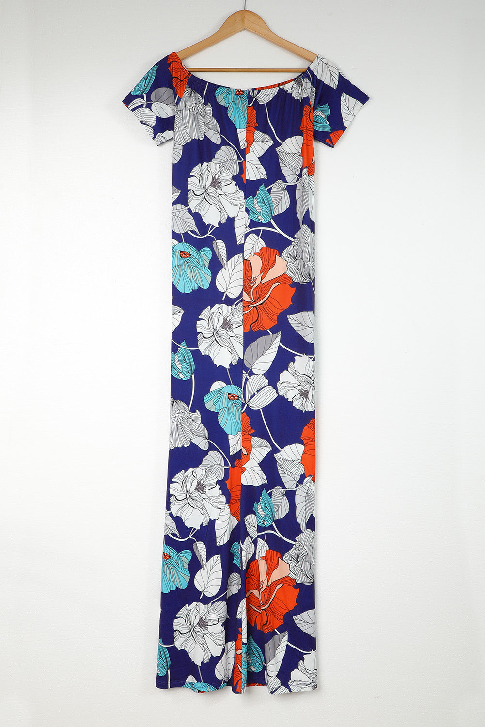Blue Green Off the shoulder Floral Print Plus size Maxi Dress