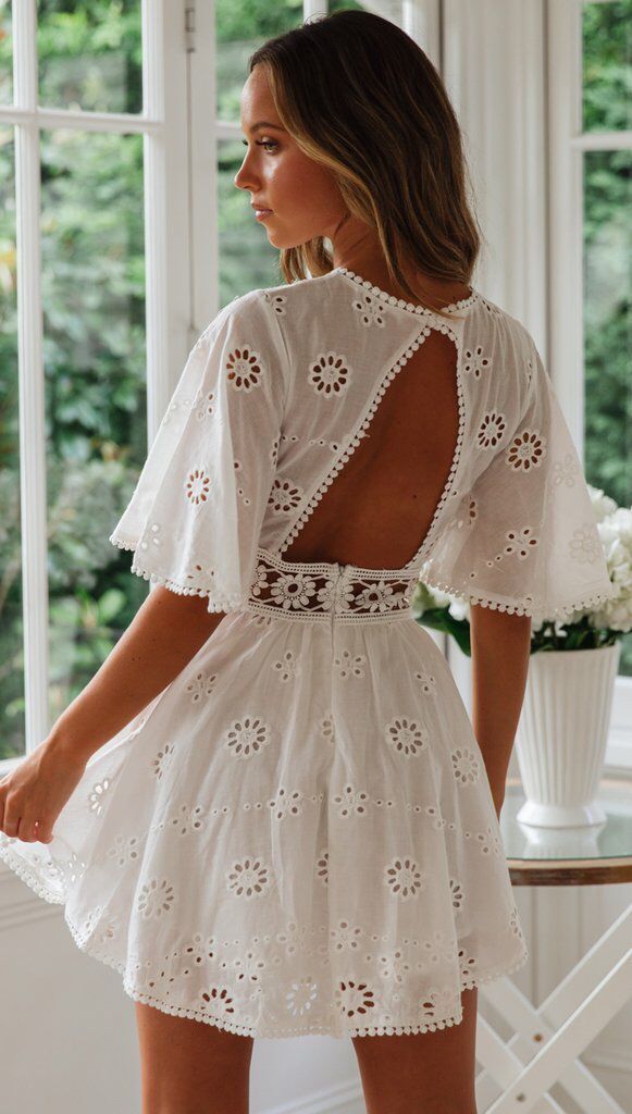 Eyelet Embroidery Summer Sexy Backless Hollow Out Cutout Tassel Cotton-like Dress for Women