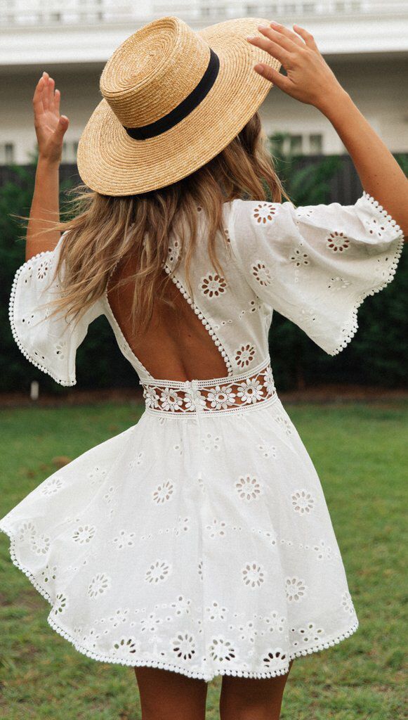 Eyelet Embroidery Summer Sexy Backless Hollow Out Cutout Tassel Cotton-like Dress for Women