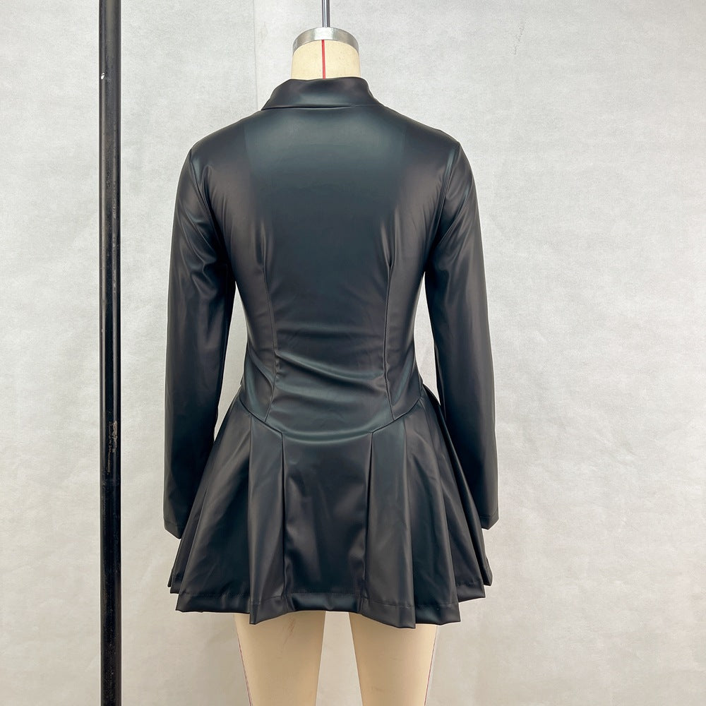 Women Fashionable Fitted Long Sleeve Pleated Faux Leather Zipper Dress