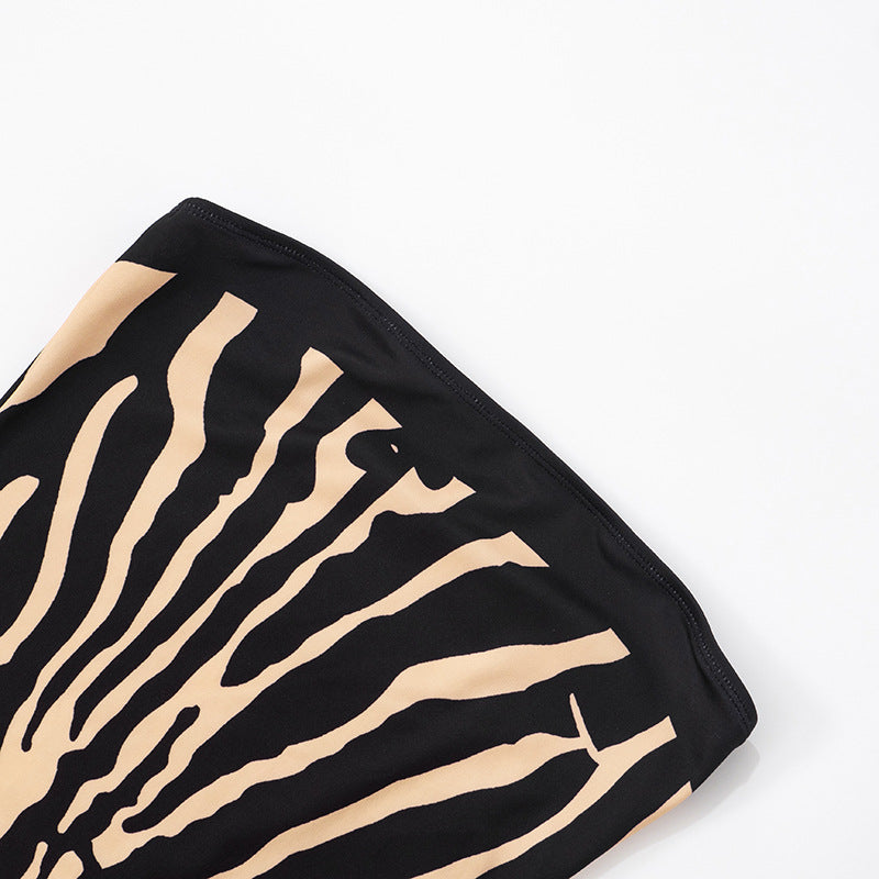 Women Sexy Zebra Print Tube Top Backless Slim A line Dress