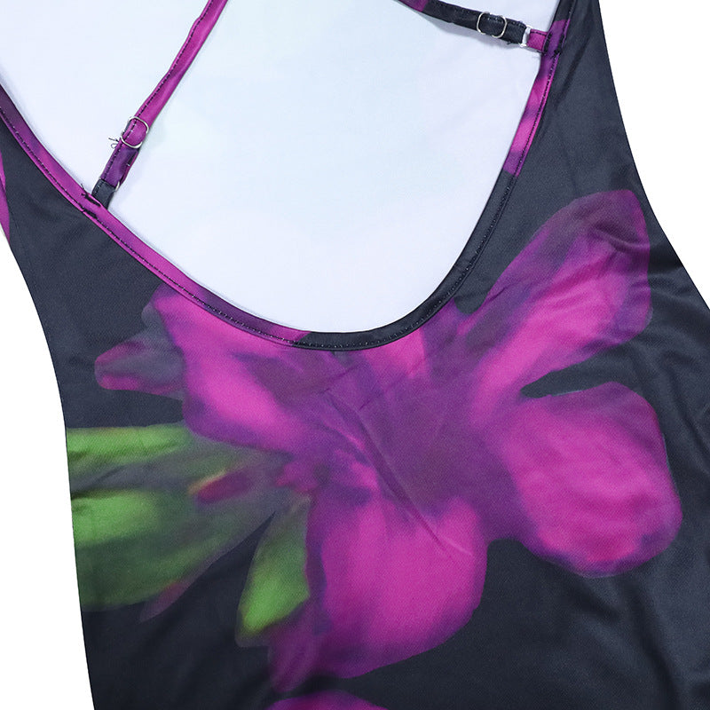 Women Dress Floral Print Cross Shoulder Strap Backless Slim Fit Inner Dress