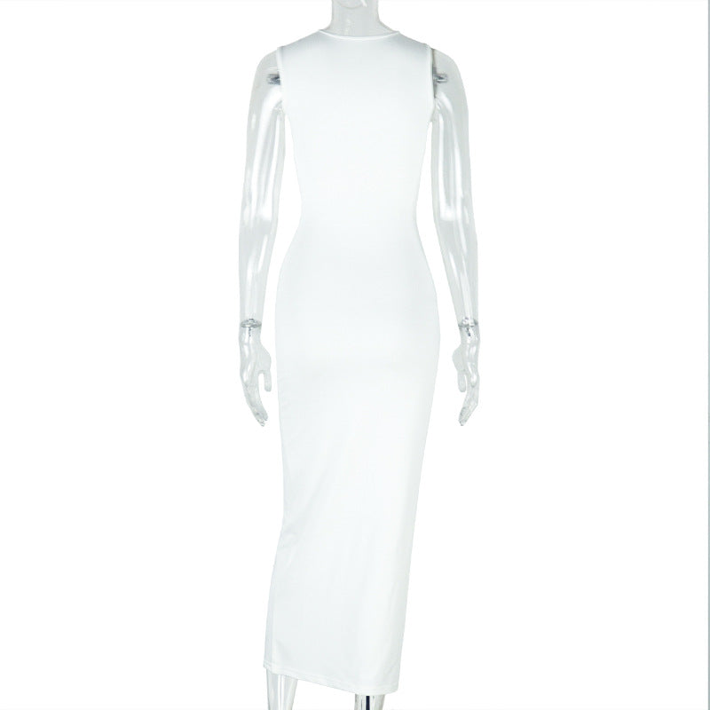 Elegant Solid Color Metal Pleated One Step Dress Sheath Halter Length Dress Fashionable Asymmetric Women Clothing