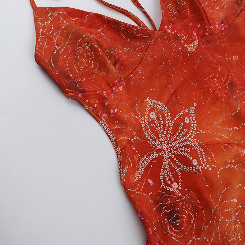 Sexy Backless Halter Printed Rhinestones Hip Sexy Dress Women