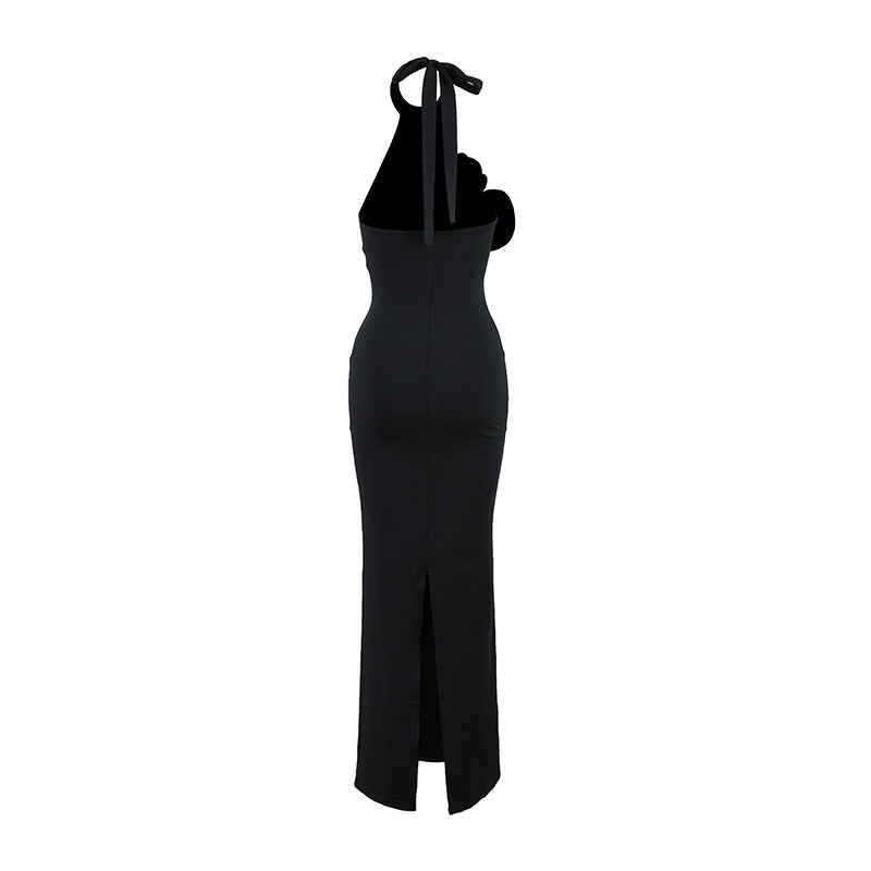 Women Clothing Three Dimensional Floral Sexy Halter Backless Split Dress
