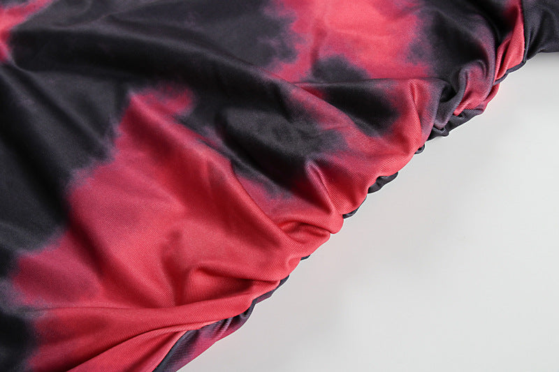Autumn Winter Women Sexy Sheath Tie Dyed Printed Round Neck Pullover Dress