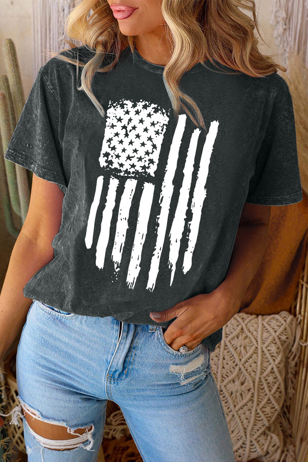 Black Vintage American Flag Graphic Print Crew Neck Top