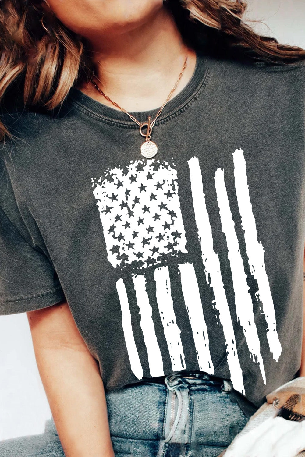Black Vintage American Flag Graphic Print Crew Neck Top