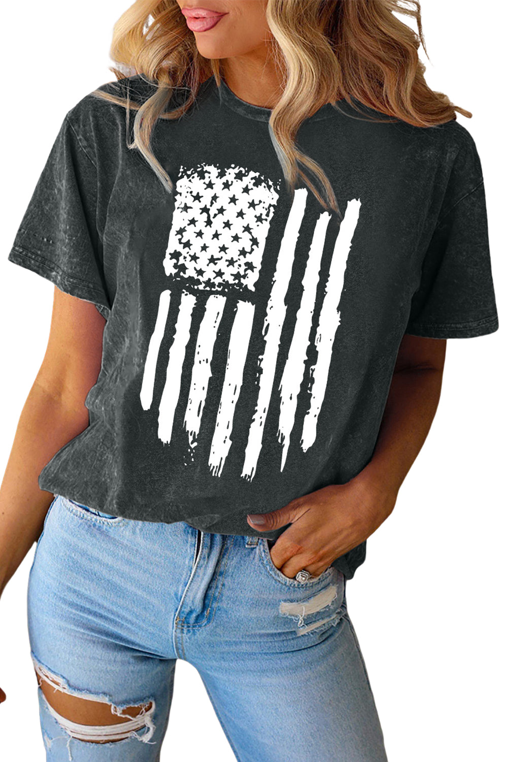 Black Vintage American Flag Graphic Print Crew Neck Top