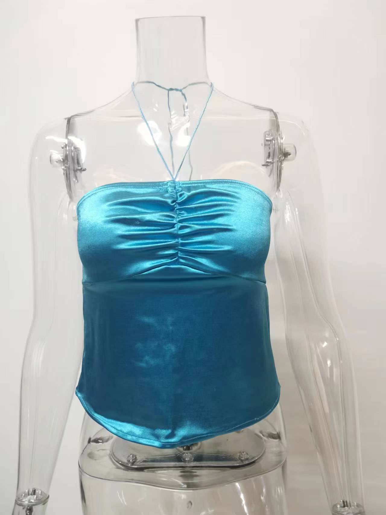 Spring Summer Halter Strap Gathers Sexy Word Backless Tube Top