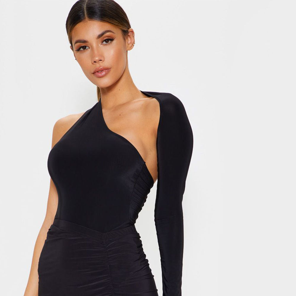 Autumn Winter Sexy One-Shoulder Tight Bodysuit Street Milk Silk Bottoming Top Women