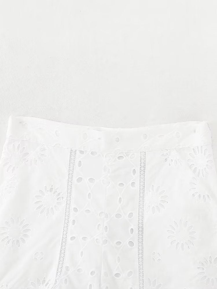 Summer Women High Waist Embroidered Hollow Out Cutout Design Casual Shorts