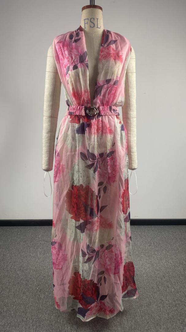 Spring Summer Women Sexy Suspenders Deep V Plunge Floral Shape Printing Slip Dress