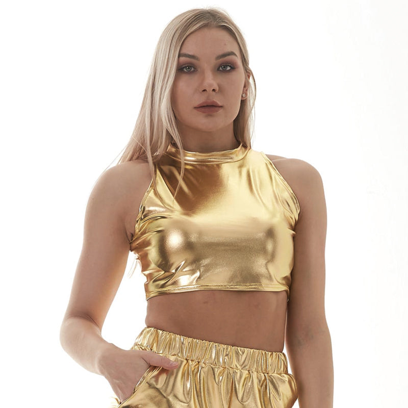 Small Turtleneck Sleeveless Vest Metallic Slim Fit Costumes Women Clothing
