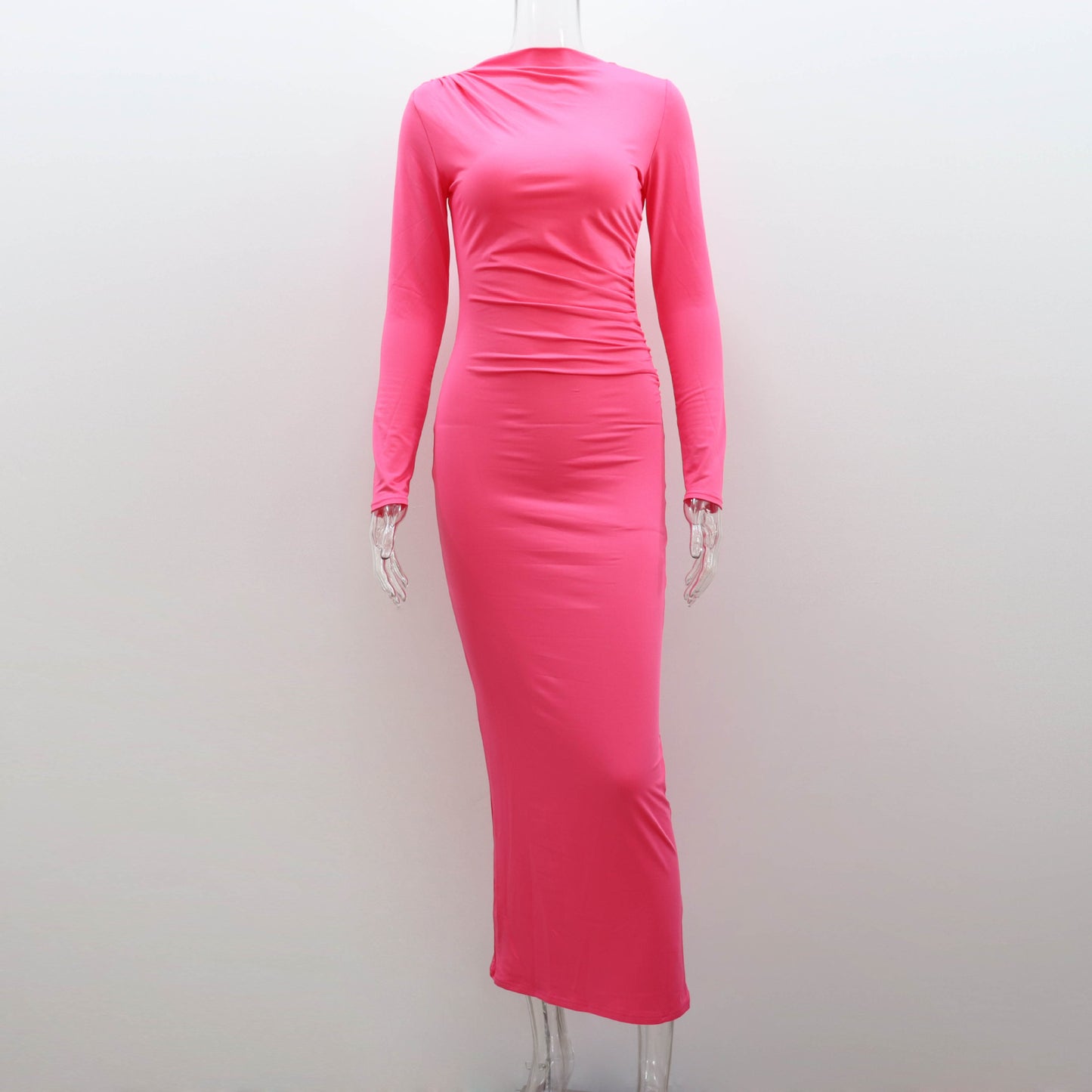 Autumn Winter Solid Color Round Neck Long Sleeve Sexy Dress Women Clothing Dress