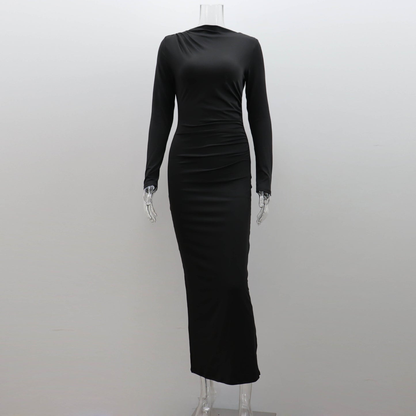 Autumn Winter Solid Color Round Neck Long Sleeve Sexy Dress Women Clothing Dress