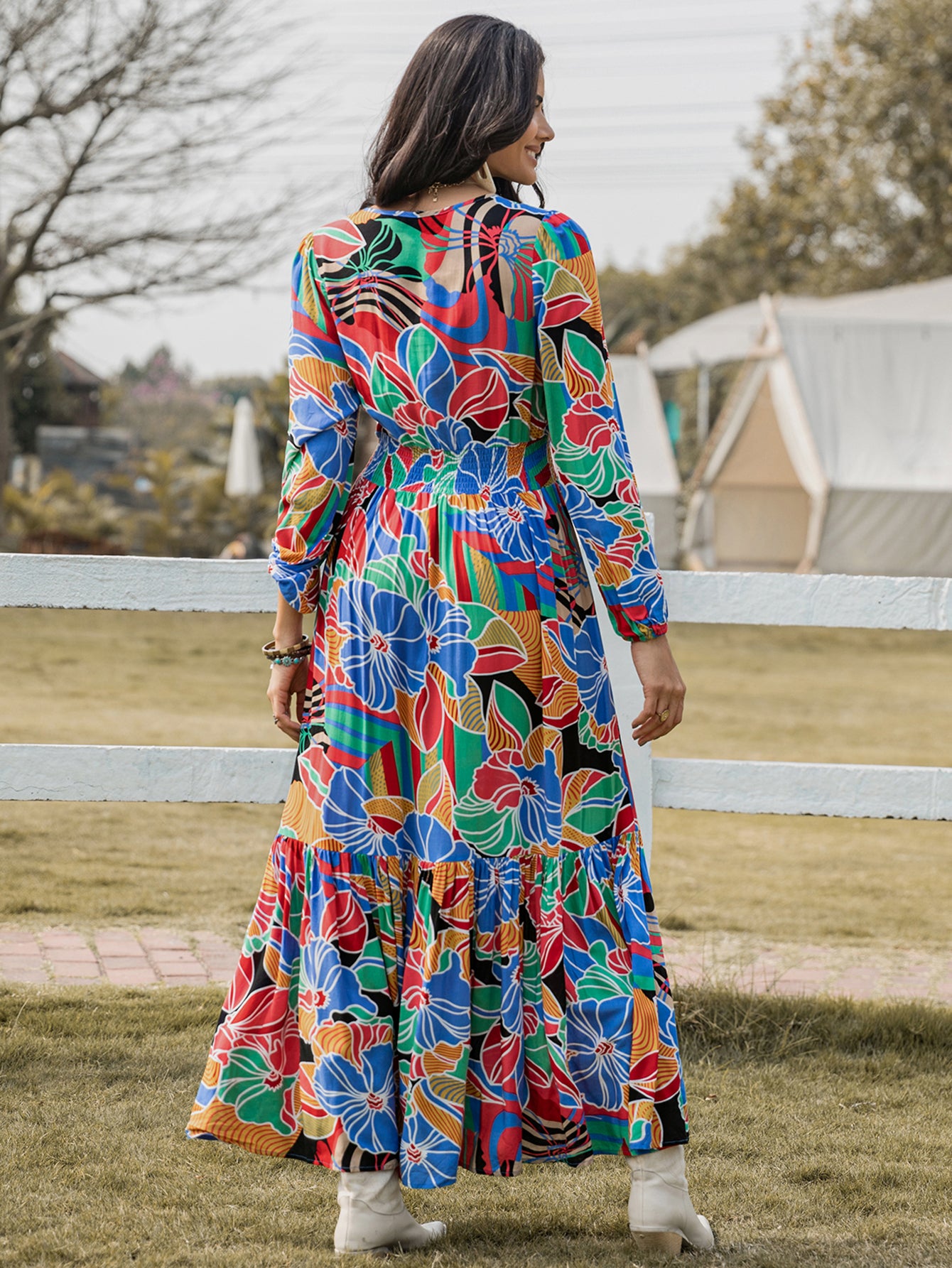 Women Printed V neck Long Sleeve Dress Bohemian Maxi Dress