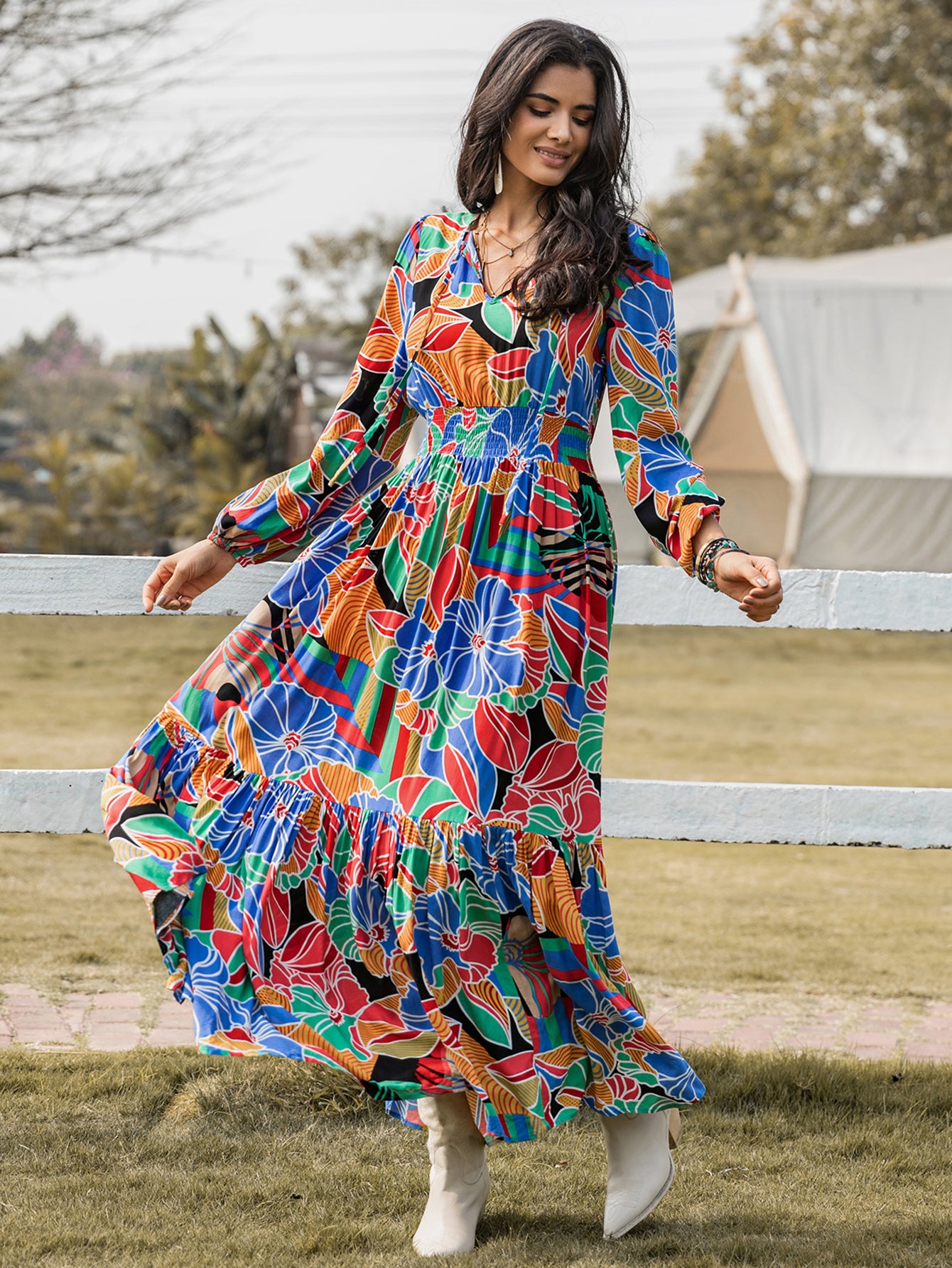 Women Printed V neck Long Sleeve Dress Bohemian Maxi Dress