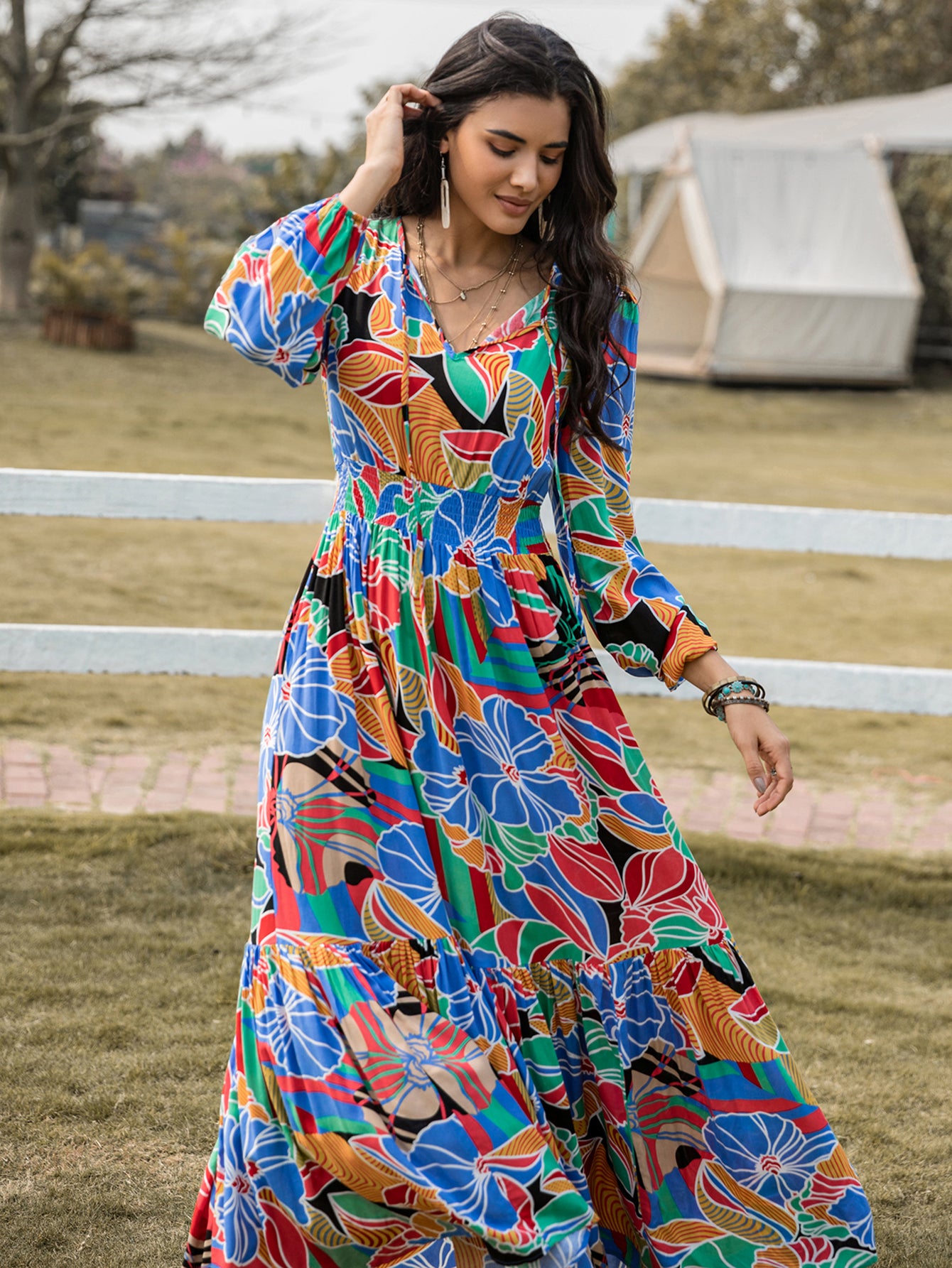 Women Printed V neck Long Sleeve Dress Bohemian Maxi Dress