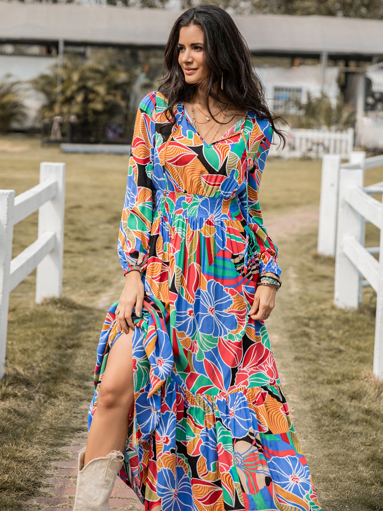Women Printed V neck Long Sleeve Dress Bohemian Maxi Dress
