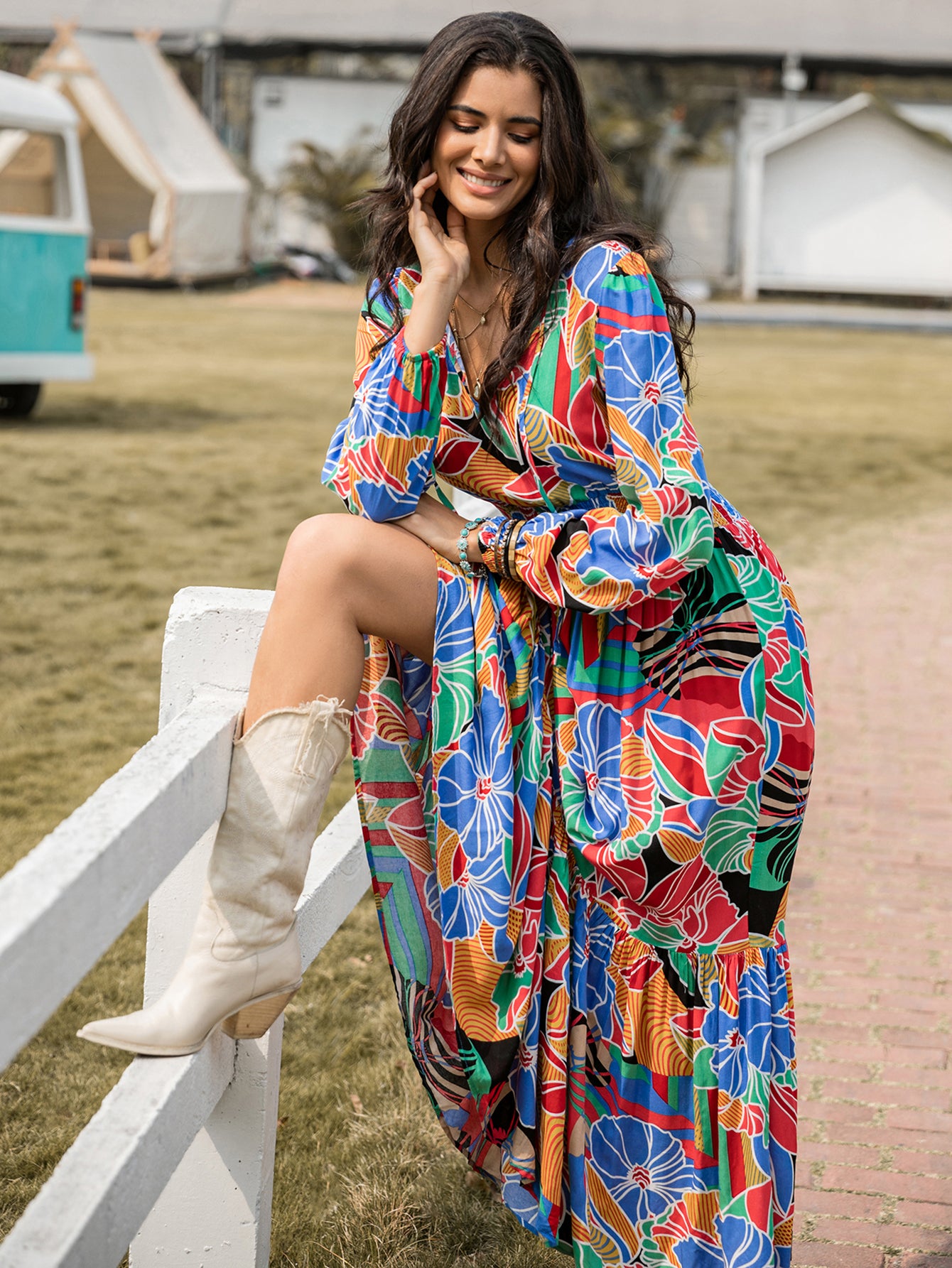Women Printed V neck Long Sleeve Dress Bohemian Maxi Dress