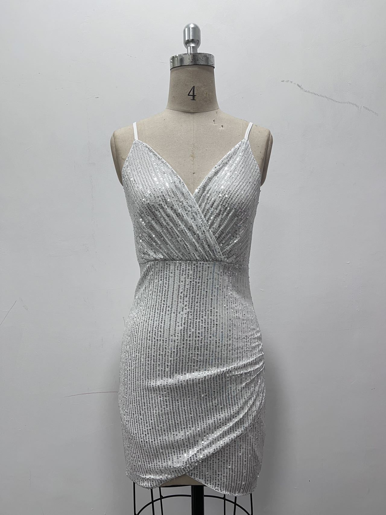 Women Clothing Party Sequ Sexy Sling Deep V Plunge Wrap Dress