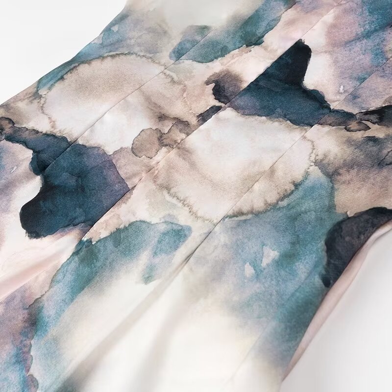 Women Wear Summer Round Neck Slim Fit Pleated Tie Dyed Satin Texture Dress