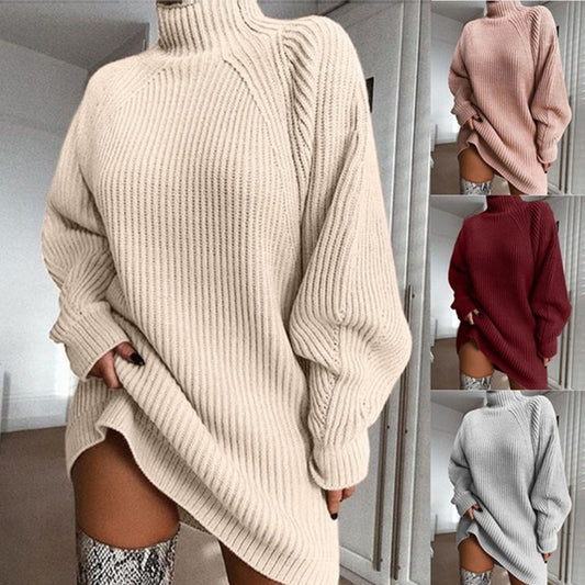 202020 Autumn Winter Popular Knitwear Mid-Length Raglan Sleeve Mock Neck Sweater Dress