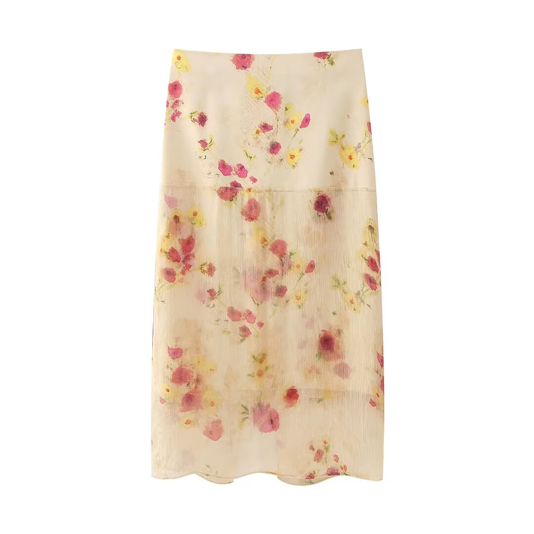 Spring Women Slim High Waist Transparent Floral Print Midi Dress