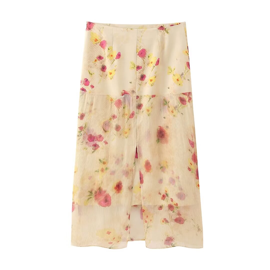 Spring Women Slim High Waist Transparent Floral Print Midi Dress