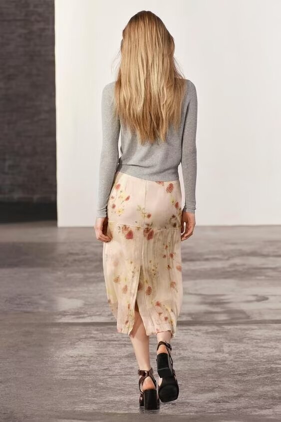 Spring Women Slim High Waist Transparent Floral Print Midi Dress