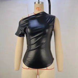 Women Clothing Slim Fit Oblique Shoulder Leather Coat Summer Street Hipster Off Shoulder Top Women