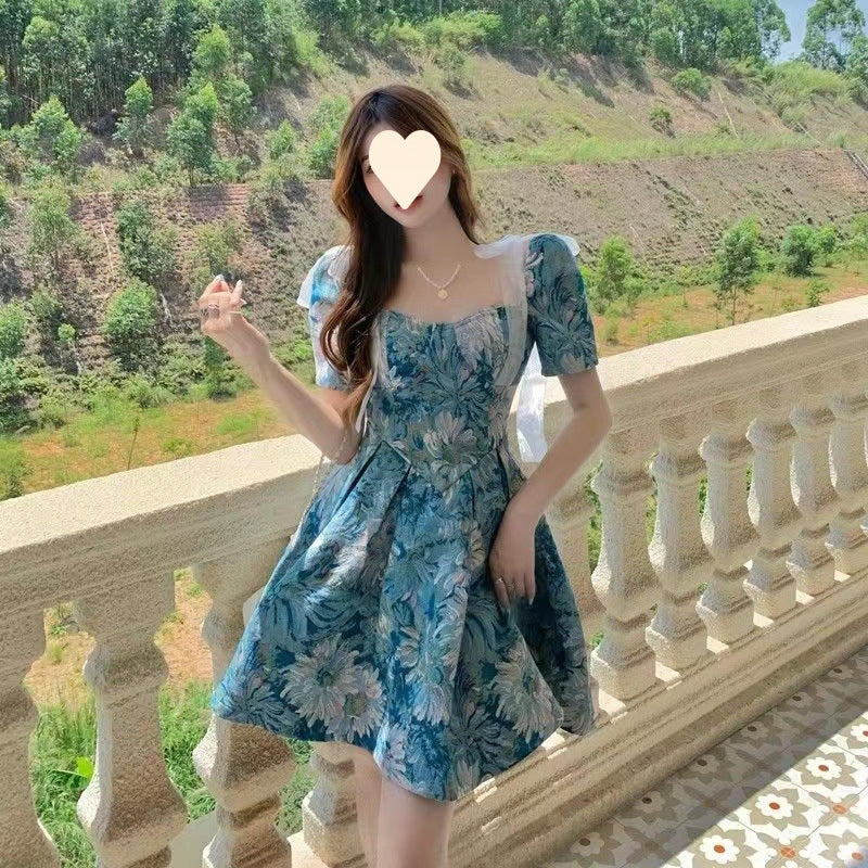 Floral Dress Women Summer French Cinched Short Dress Niche Design Sweet Puff Sleeve Dress