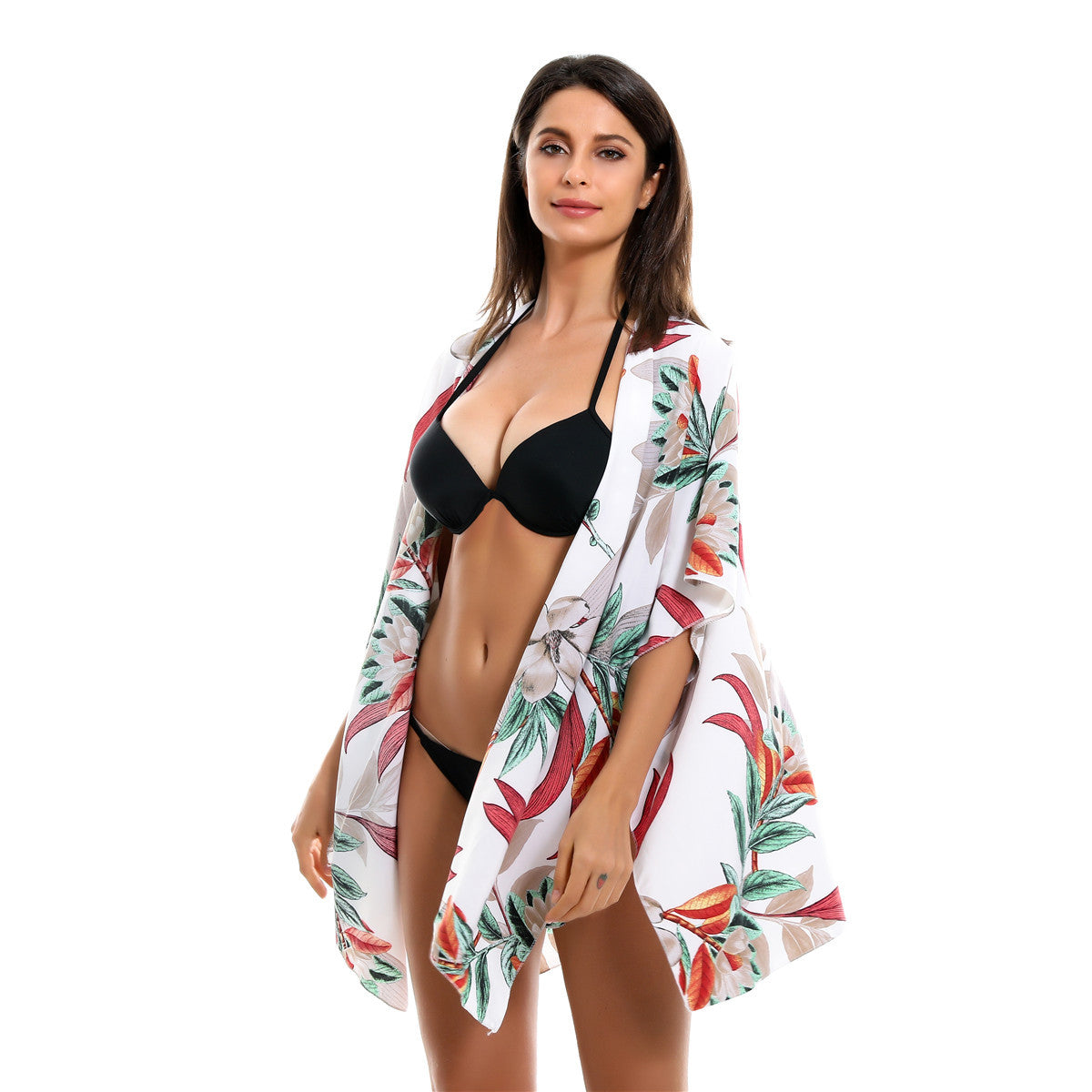 Spring Summer Vacation Travel Wild Chiffon Plant Floral Pattern Beach Sun Protection Blouse