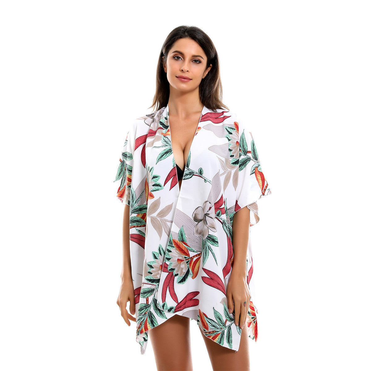 Spring Summer Vacation Travel Wild Chiffon Plant Floral Pattern Beach Sun Protection Blouse