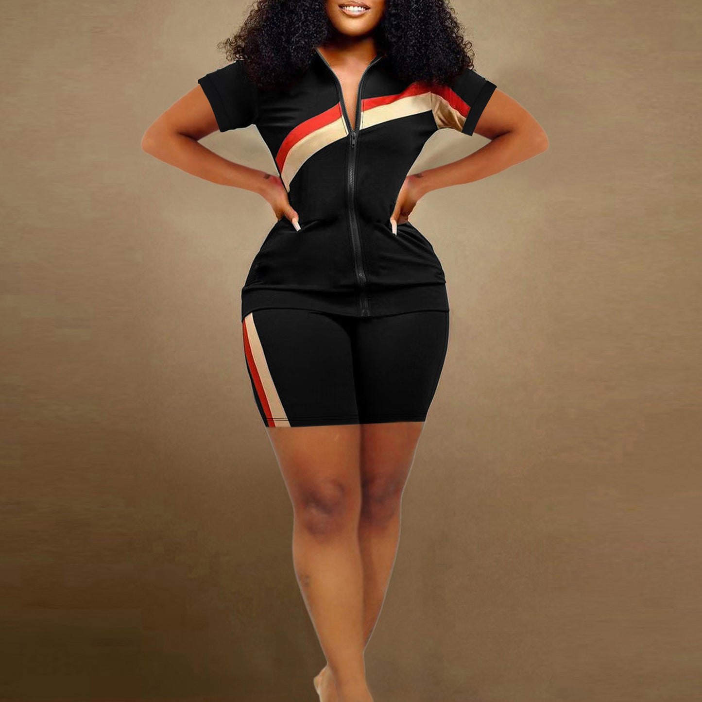 Spring Summer Elegant Women Clothing Zipped Stand Collar Office Printing Sports Suit