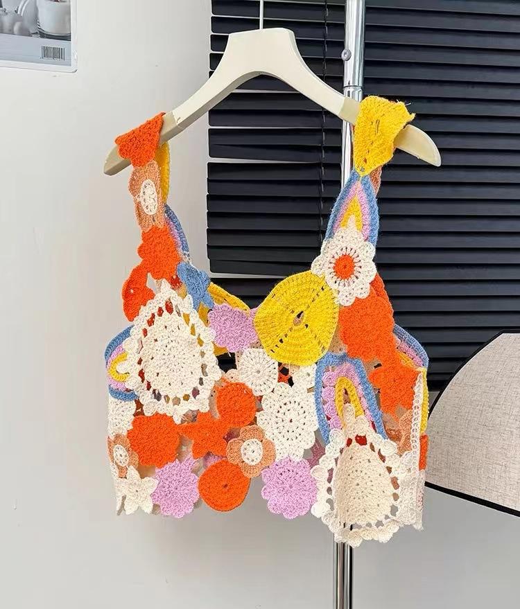 Dopamine Girlish Colorful Floral Hollow Out Cutout Camisole Women Summer Niche Sweet Knitted Top