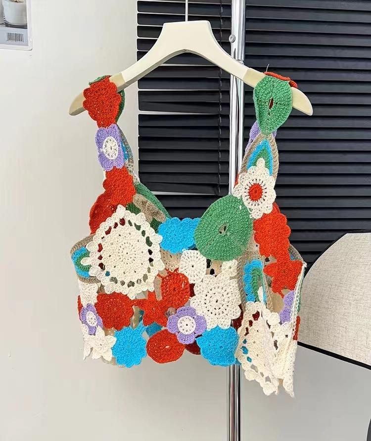 Dopamine Girlish Colorful Floral Hollow Out Cutout Camisole Women Summer Niche Sweet Knitted Top