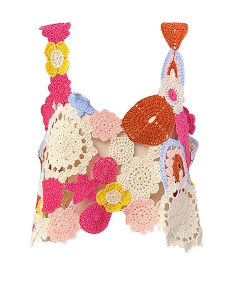 Dopamine Girlish Colorful Floral Hollow Out Cutout Camisole Women Summer Niche Sweet Knitted Top